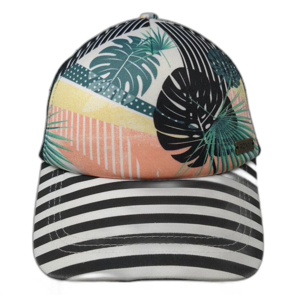 Roxy Trucker Hat White One Size Tropical Print Striped Brim Mesh Back Snapback
